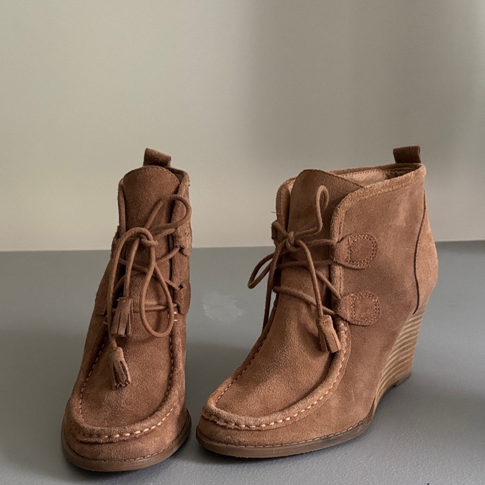 Lucky Brand Brown Suede Lace-Up Wedge Boots